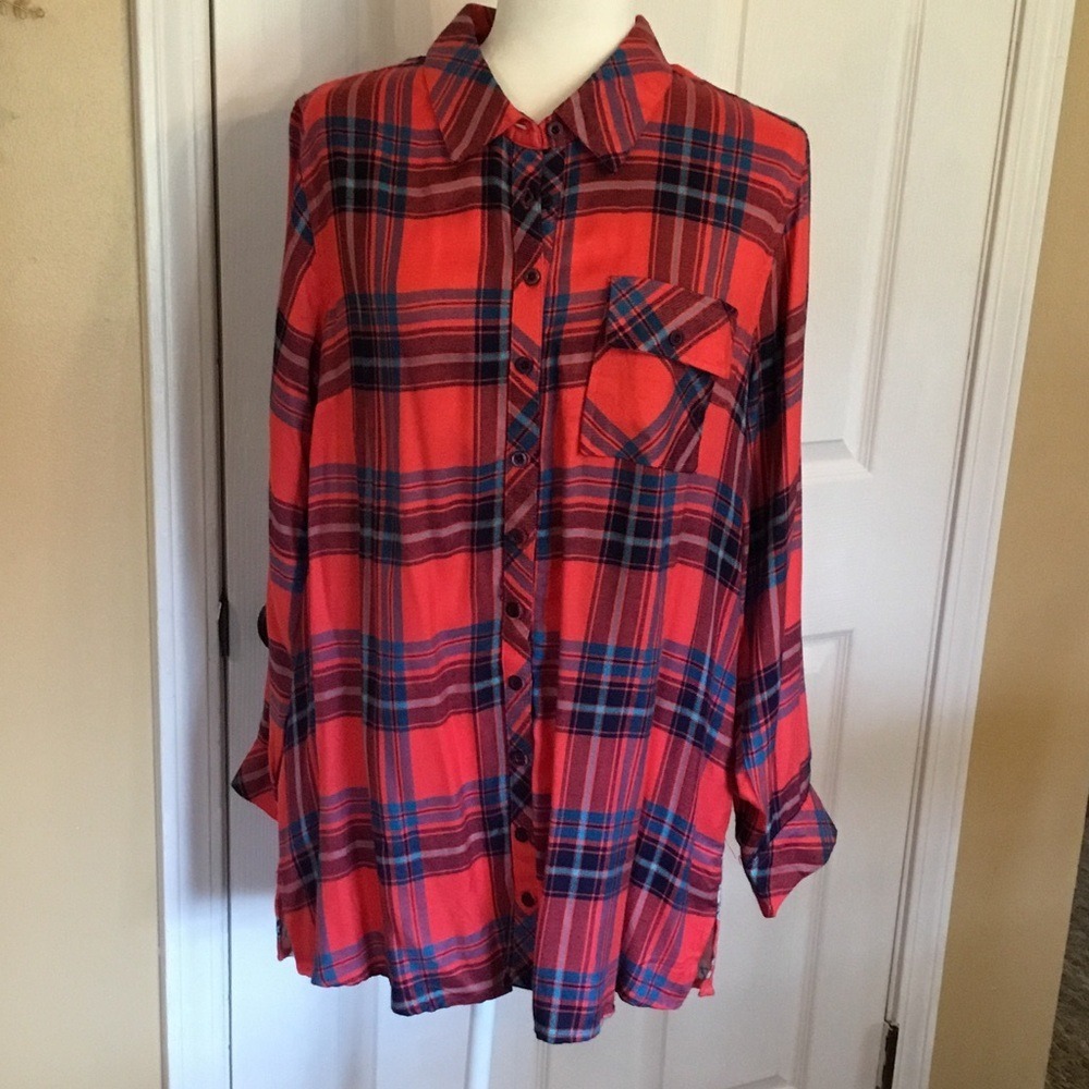Tolani Large Petite Button Down Plaid Floral Coral Blue Statement Top Boho